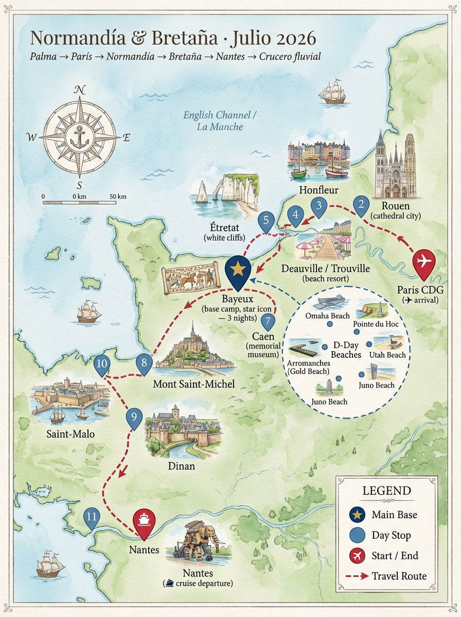 Mapa del recorrido Normandía y Bretaña 2026